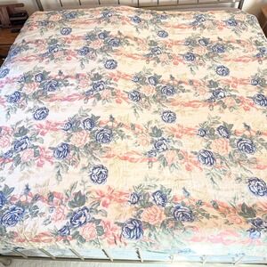 Vtg Royalty Collection Cottagecore Blue Rose Floral Comforter Pink Ribbon Full/Q